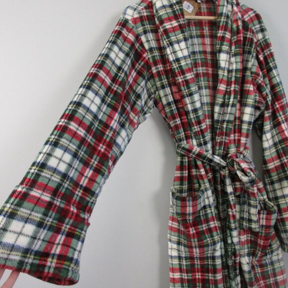 Pottery Barn Women's Plaid Robe Medium Red Multicolor Belted Long Sleeve 692 - Picture 6 of 10